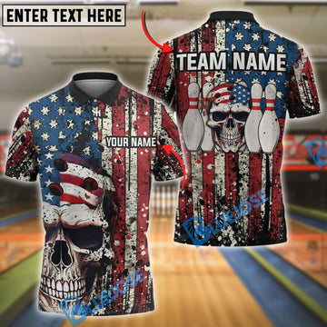 BlueJose Bowling And Pins Skull American Flag Patriotic Personalized Name, Team Name Unisex Shirt