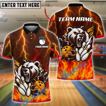BlueJose Bowling Ball & Pins Thunder Bear Flame Customized Name, Team Name 3D Shirt (4 Colors)