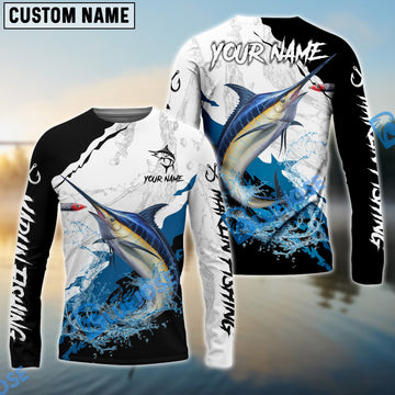 Bluejose Marlin Fishing Black White Water Flow Custom Name & Team Name 3D Shirts