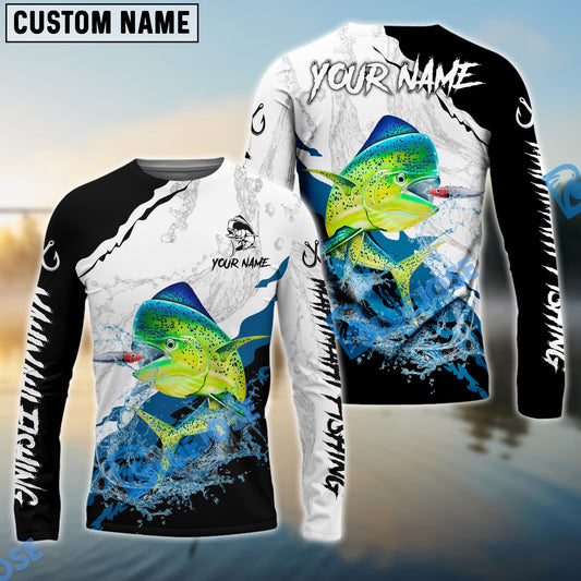 Bluejose Mahimahi Fishing Black White Water Flow Custom Name & Team Name 3D Shirts