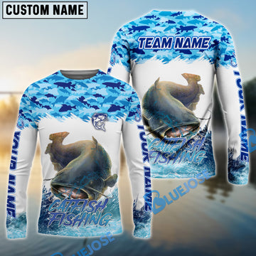 Bluejose Catfish Fishing Blue Water Camo Custom Name & Team Name 3D Shirts