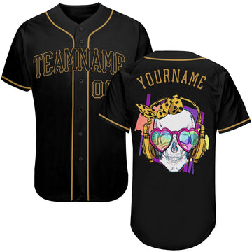 BlueJose Custom Black Black-Old Gold Skull Fashion Baseball Jersey