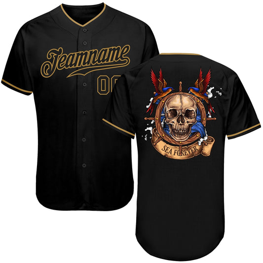 BlueJose Custom Black Black-Old Gold Skull Fashion Baseball Jersey