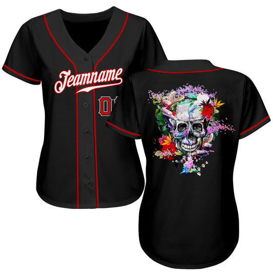 BlueJose Custom Black White-Red Authentic Skull Fashion Baseball Jersey