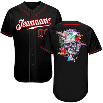 BlueJose Custom Black White-Red Authentic Skull Fashion Baseball Jersey