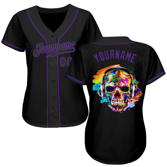 BlueJose Custom Black Black-Purple Authentic Skull Fashion Baseball Jersey