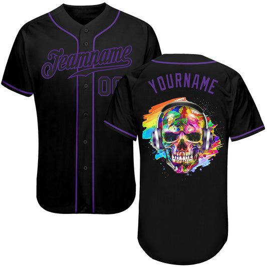 BlueJose Custom Black Black-Purple Authentic Skull Fashion Baseball Jersey