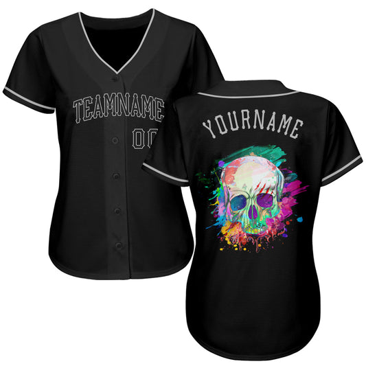 BlueJose Custom Black Black-Gray Authentic Skull Fashion Baseball Jersey