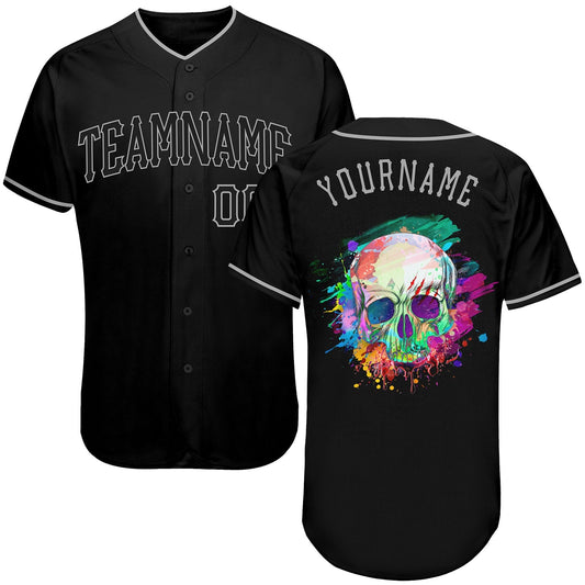 BlueJose Custom Black Black-Gray Authentic Skull Fashion Baseball Jersey