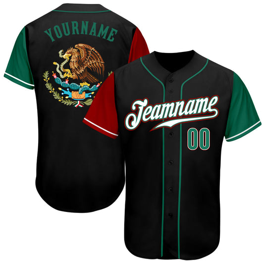 BlueJose Custom Black Kelly Green-Red Authentic Mexico Two Tone Baseball Jersey