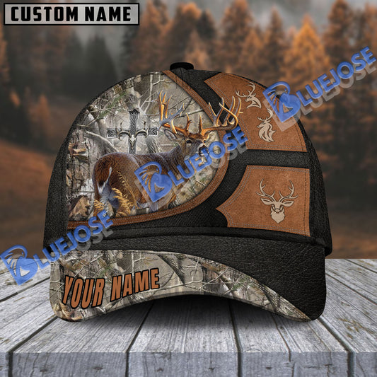 BlueJose Hunting Deer Cross Leather Black And Brown Pattern Multicolor Personalized Cap