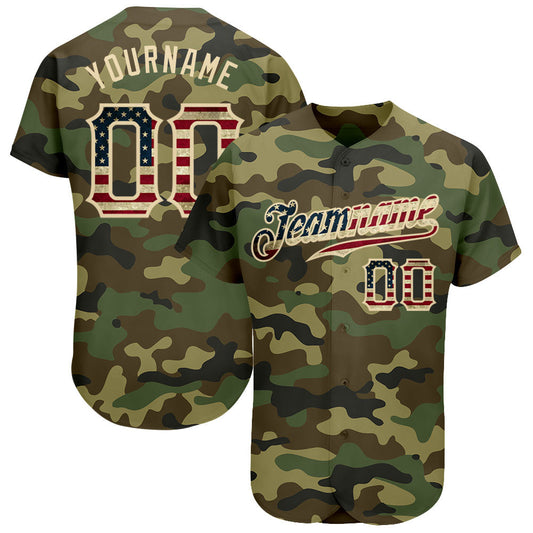 BlueJose Custom Camo Vintage Usa Flag-Cream Authentic Salute To Service Baseball Jersey