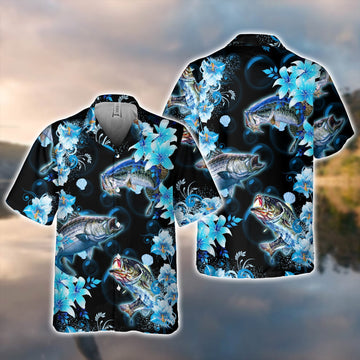 BlueJose Bass Fishing Black And Blue All Over Print 3D Hawaiian Shirt