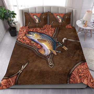 BlueJose Trout Fish Fishing Leather Pattern Bedding Set