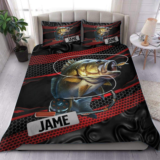 BlueJose Bass Fishing Black & Red Lines Personalized Bedding Set