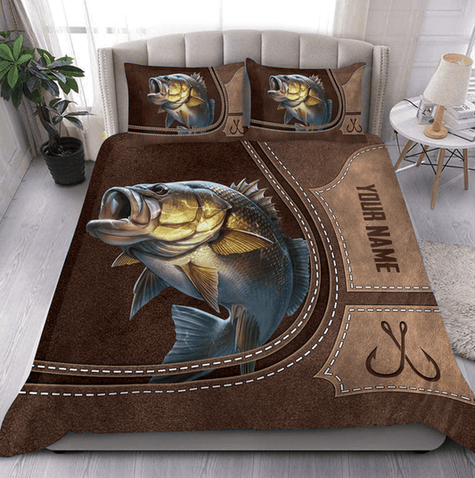 BlueJose Bass Fishing Brown Leather Pattern Personalized  Bedding Set