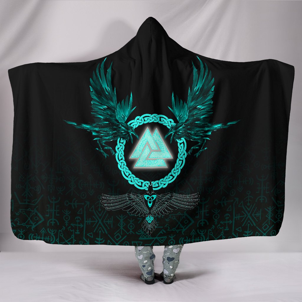 Viking Hooded Blanket Three Raven and Valknut Cyan A27