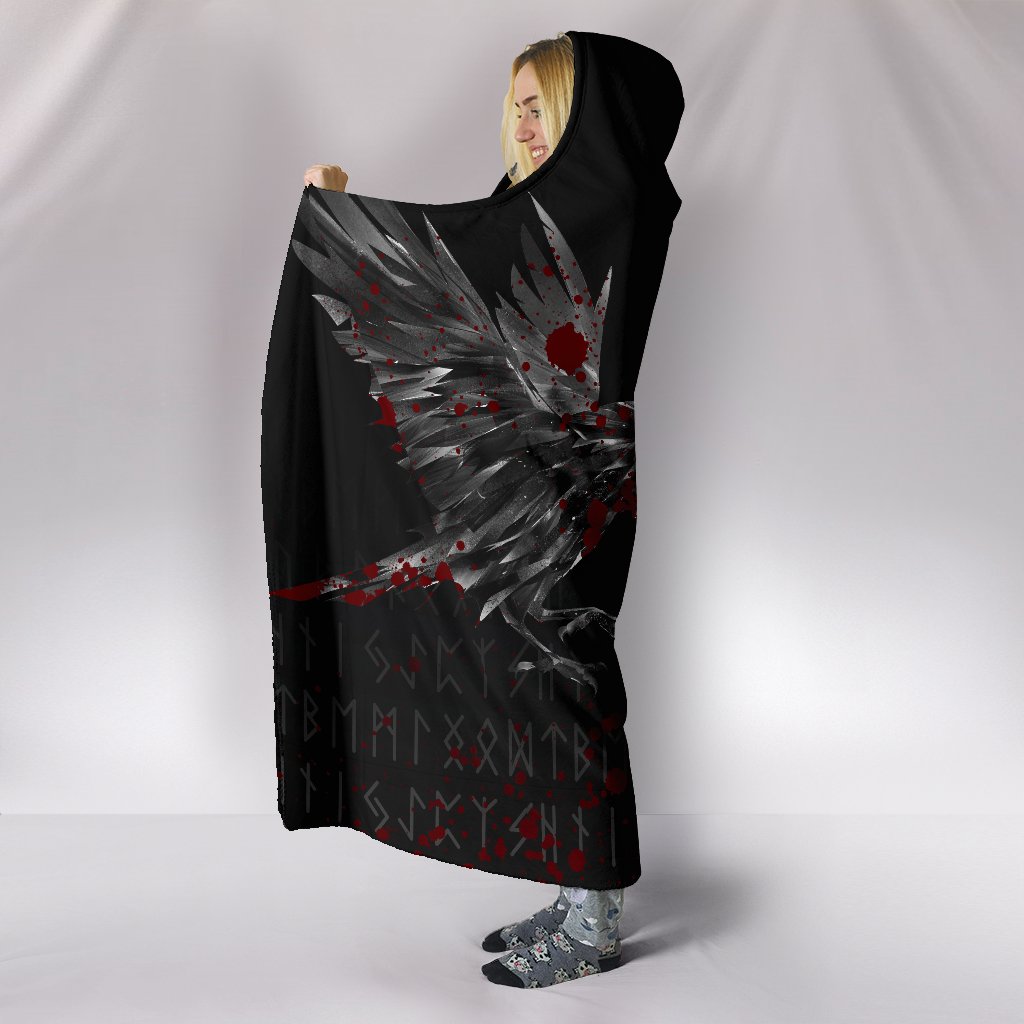 Viking Style Hooded Blanket - Odin Huginn and Muninn Rune Blood A27