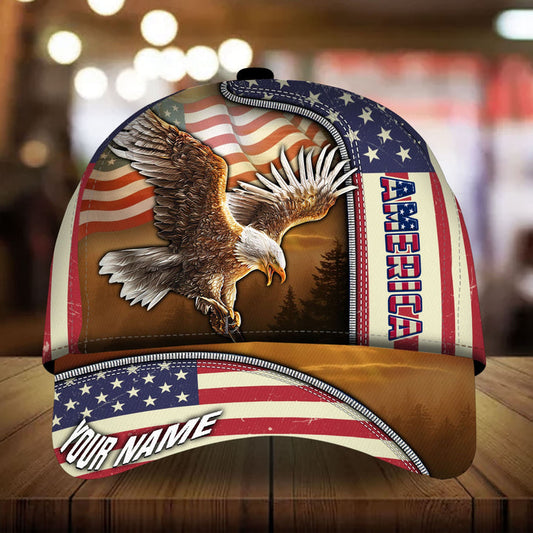 BlueJose Premium Custom Name America, Eagle 3D Cap Printed