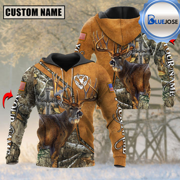 BlueJose Personalized Name Deer Hunting USA Camo Flag Leather Pattern 3D Shirts ( 3 Colors )