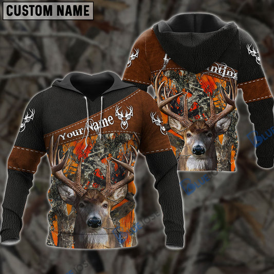 BlueJose Customized Name Deer Hunting Orange Leather Pattern 3D Shirts