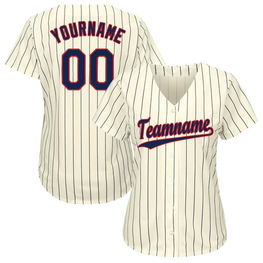 BlueJose Custom Cream Navy Pinstripe Navy-Red Baseball Jersey