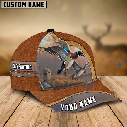 BlueJose Duck Hunting Light Brown Leather Pattern Personalized Name Cap