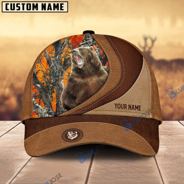 BlueJose Bear Hunting Brown Leather Pattern Personalized Name Cap (5 Colors)