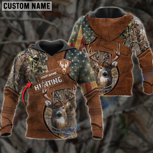 BlueJose Customized Name Deer Hunting Leather Pattern 3D Shirts