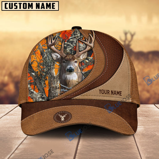 BlueJose Deer Hunting Brown Leather Pattern Personalized Name Cap (5 Colors)