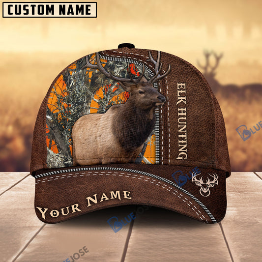 BlueJose Elk Hunting Leather Pattern Personalized Name Cap