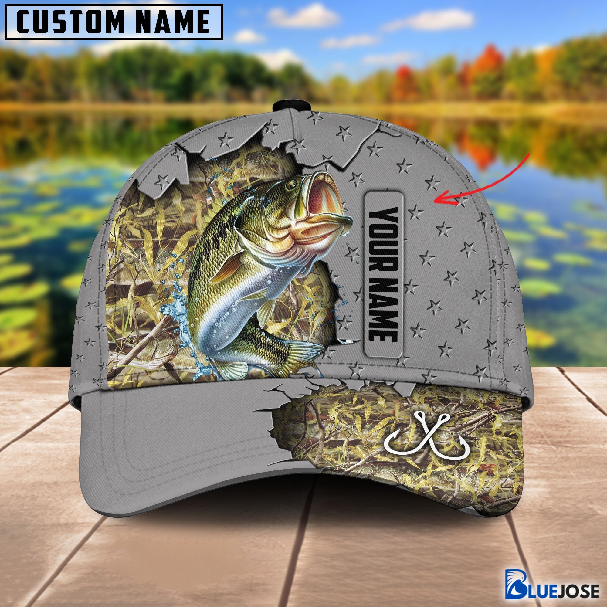 BlueJose Custom Name Bass Fishing Grey 3D Cap – Blue Jose