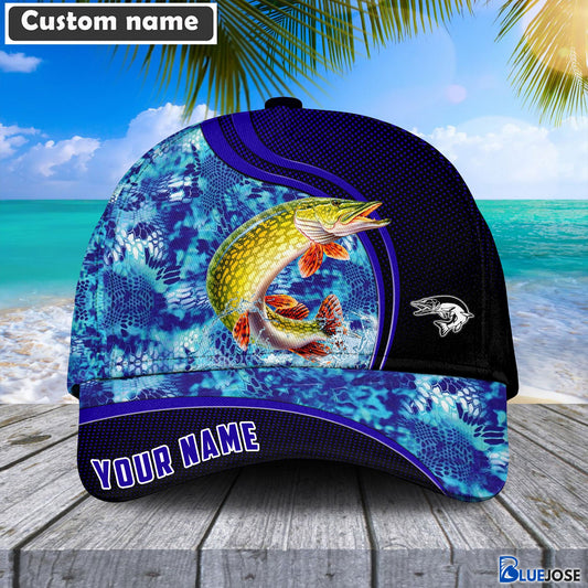 BlueJose Blue Patchy Northern Pike Fishing Personalized Cap