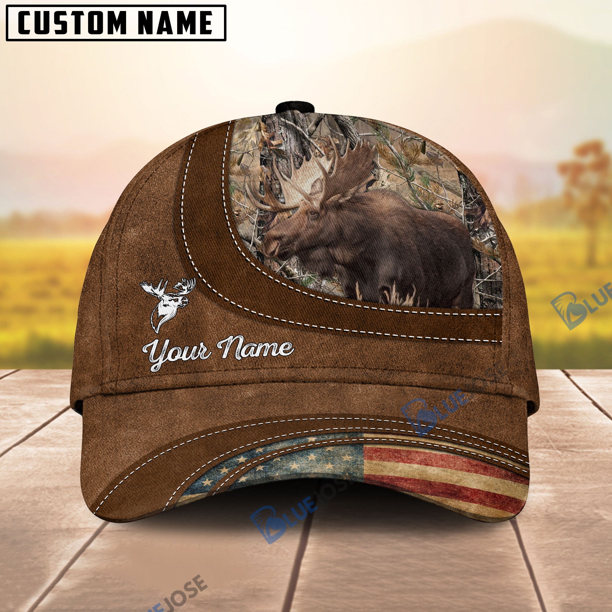 BlueJose Moose Hunting Leather Pattern Personalized Cap – Blue Jose