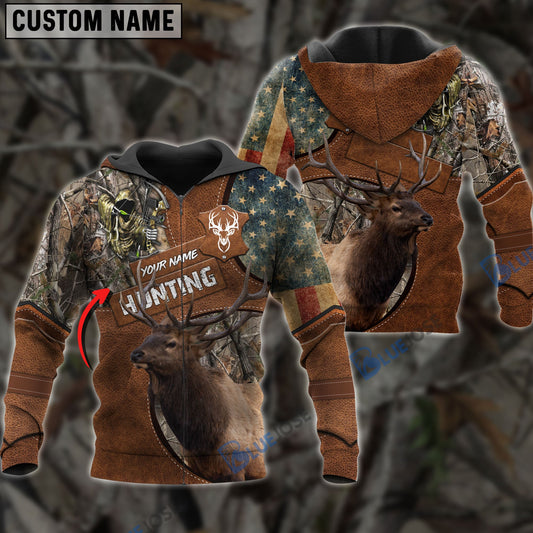 BlueJose Customized Name Elk Hunting Leather Pattern 3D Shirts