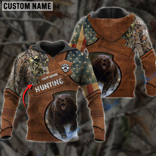 BlueJose Customized Name Bear Hunting Leather Pattern 3D Shirts