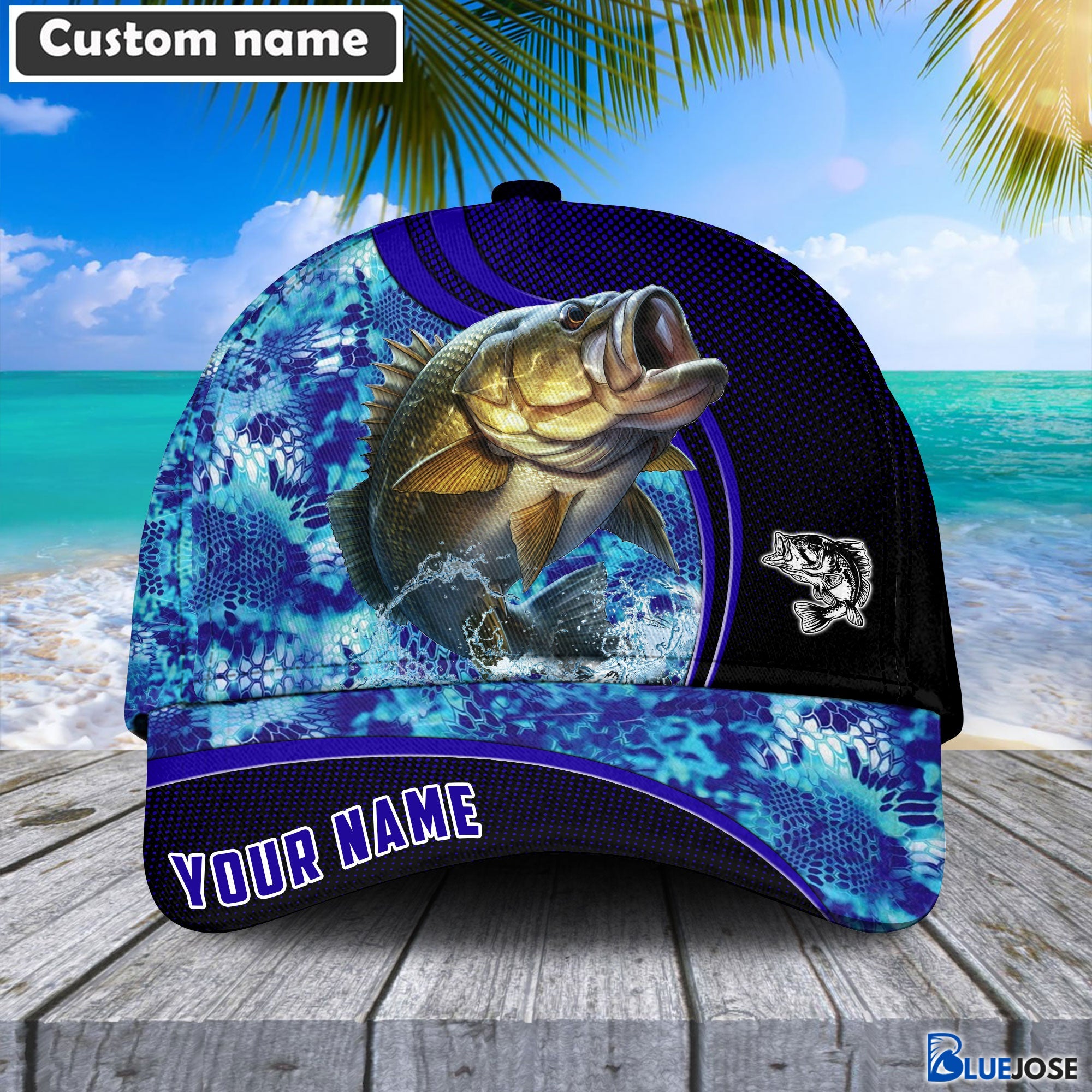 BlueJose Blue Patchy Bass Fishing Personalized Cap – Blue Jose
