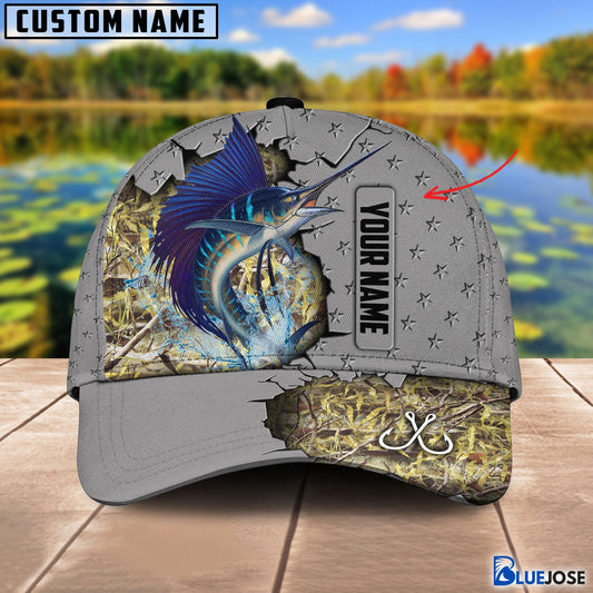 BlueJose Custom Name Sailfish Fishing Grey 3D Cap