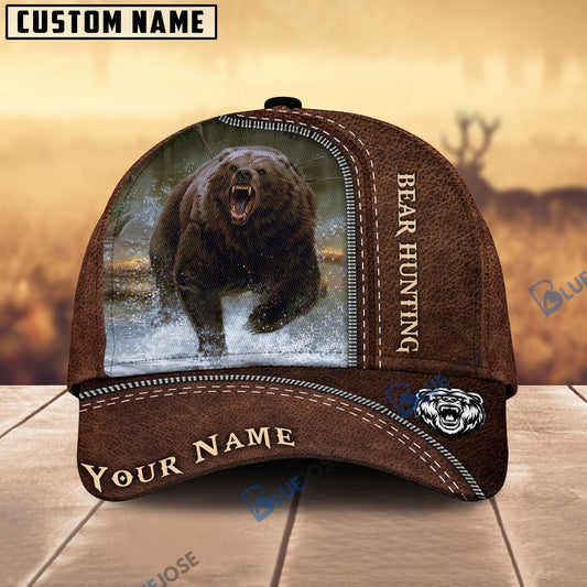 BlueJose Bear Hunting Leather Pattern Personalized Name Cap