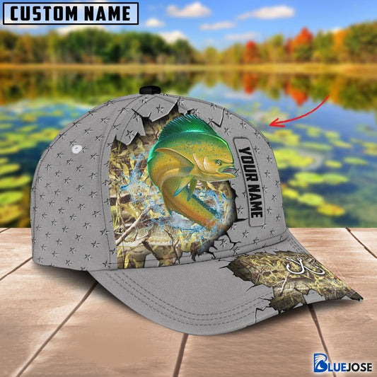 BlueJose Custom Name Mahi Mahi Fishing Grey 3D Cap