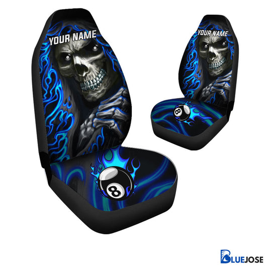 BlueJose 8 Ball Skull Billiard Personalized Name Car Seat Covers (2Pcs)