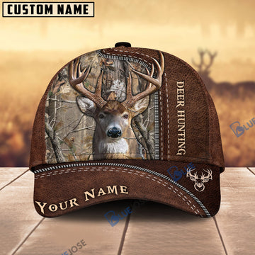 BlueJose Deer Hunting Leather Pattern Personalized Name Cap