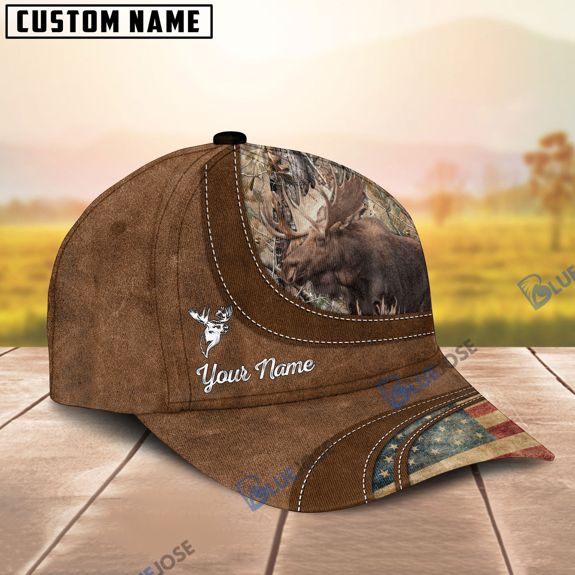BlueJose Moose Hunting Leather Pattern Personalized Cap – Blue Jose