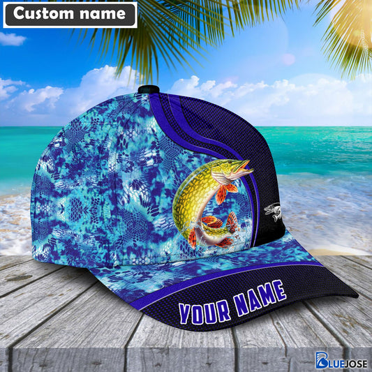 BlueJose Blue Patchy Northern Pike Fishing Personalized Cap