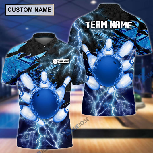 BlueJose Thunder Power Bowling And Pins Personalized Name Team Name 3D Shirt (4 Colors), Personalized Shirts For Bowling Players