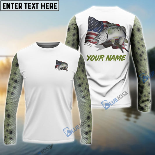 Bluejose Speckled Trout Fishing American Flag Custom Long Sleeve Performance Fishing Shirts, Patriotic