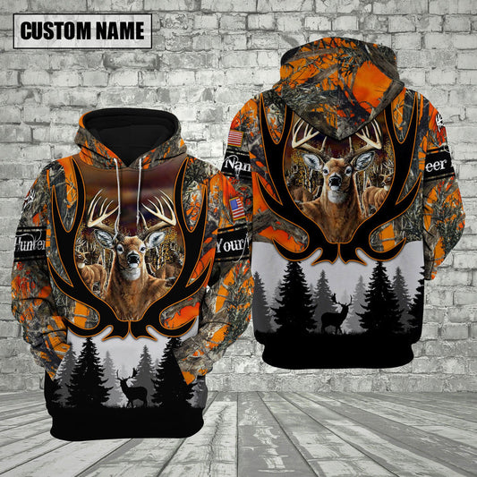 BlueJose Customized Name Deer Hunting Antler Pattern Orange 3D Shirt