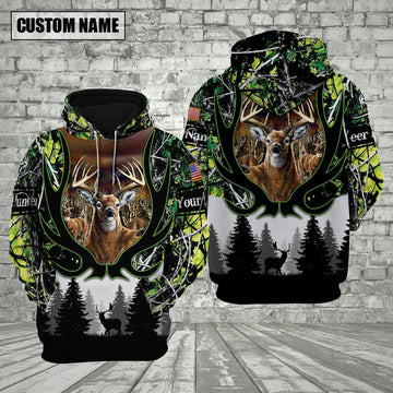 BlueJose Customized Name Deer Hunting Antler Pattern Green 3D Shirt