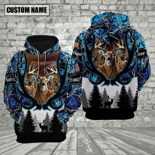 BlueJose Customized Name Deer Hunting Antler Pattern Blue 3D Shirt