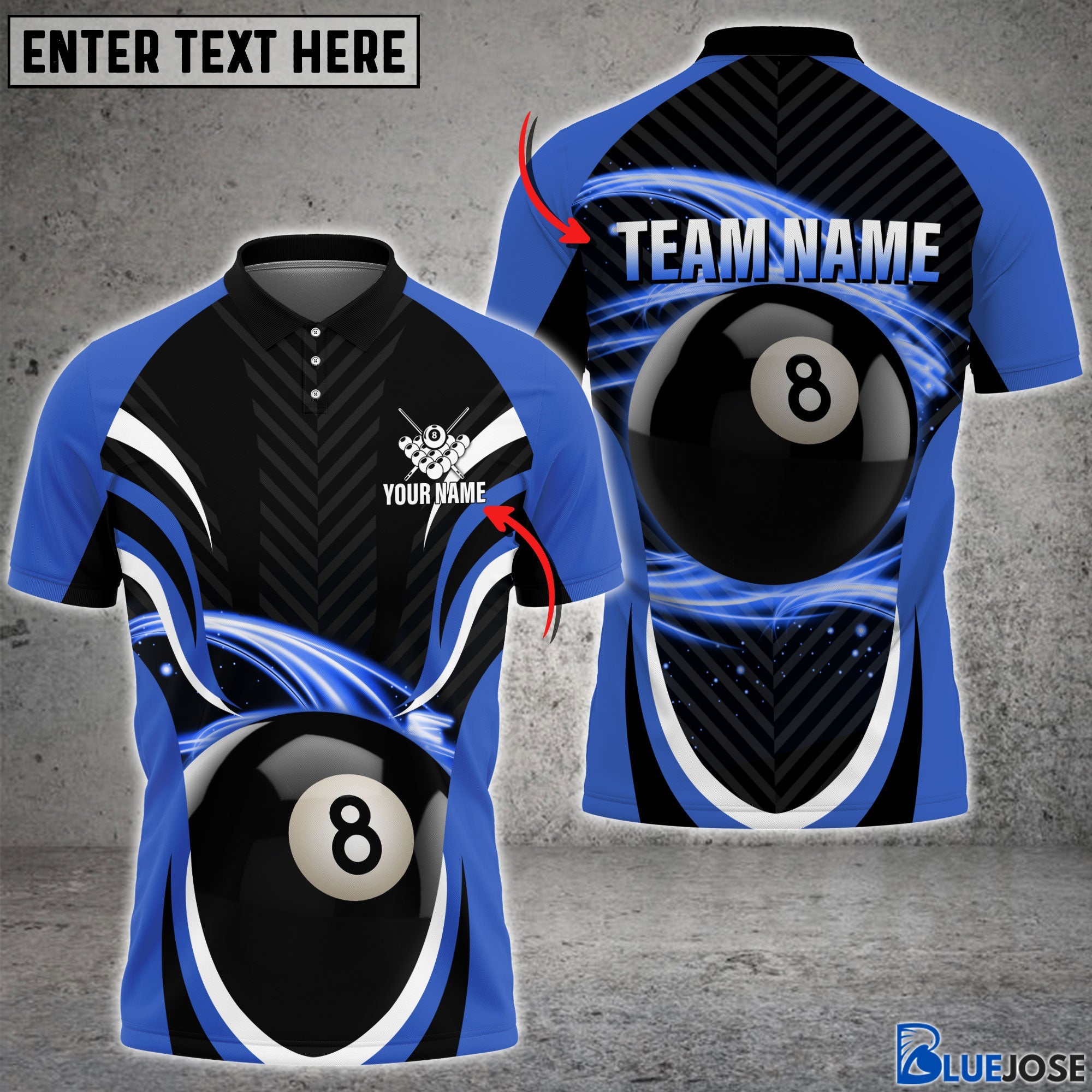 BlueJose Billiard 8 Ball 7 Colors Personalized Name & Team Name Polo S ...